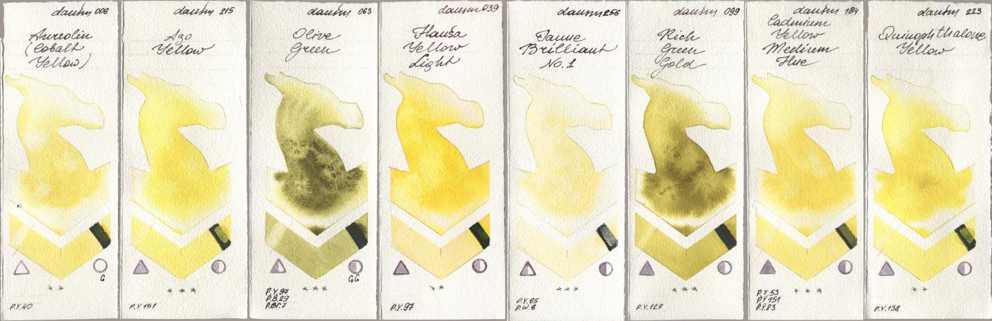 Daniel Smith 006 Aureolin (Cobalt Yellow), 215 Azo Yellow, 063 Olive Green, 039 Hansa Yellow Light, 256 Jaune Brilliant No 1, 099 Rich Green Gold, 184 Cadmium Yellow Medium Hue, 223 Quinophthalone Yell watercolor swatch