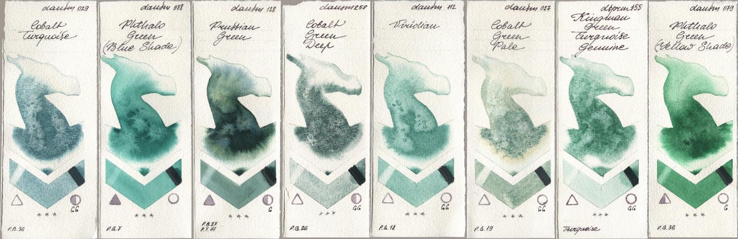 Daniel Smith 029 Cobalt Turquoise, 078 Phthalo Green (Blue Shade), 128 Prussian Green, 258 Cobalt Green Deep, 112 Viridian, 027 Cobalt Green Pale, 155 Kingman Green Turquoise Genuine, 079 Phthalo Green (Yellow Shad watercolor swatch