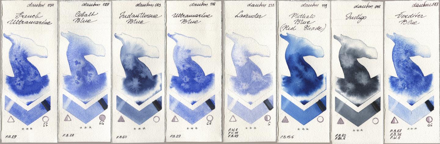 Daniel Smith 034 French Ultramarine, 025 Cobalt Blue, 043 Indanthrone Blue, 106 Ultramarine Blue, 232 Lavender, 119 Phthalo Blue (Red Shade), 046 Indigo, 173 Verditer Bl watercolor swatch