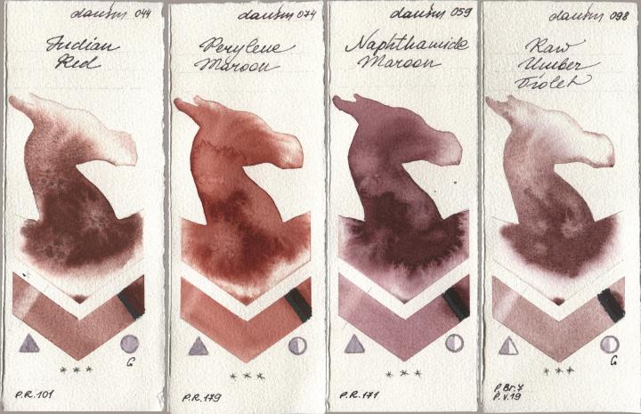 Daniel Smith 044 Indian Red, 074 Perylene Maroon, 059 Naphthamide Maroon, 098 Raw Umber Viol watercolor swatch