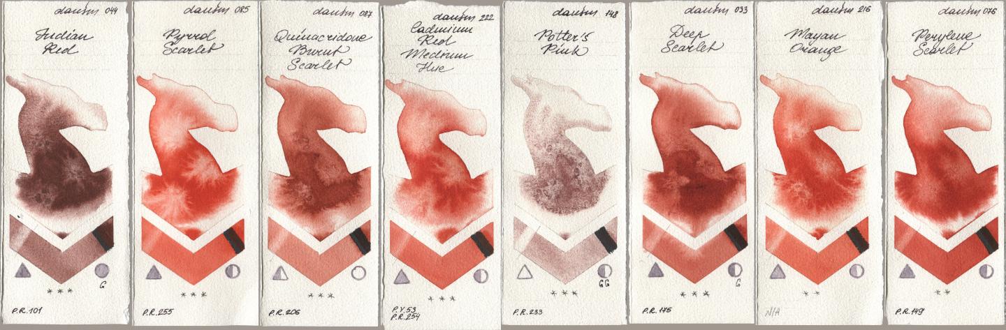 Daniel Smith 044 Indian Red, 085 Pyrrol Scarlet, 087 Quinacridone Burnt Scarlet, 222 Cadmium Red Medium Hue, 148 Potters Pink, 033 Deep Scarlet, 216 Mayan Orange, 076 Perylene Scarl watercolor swatch