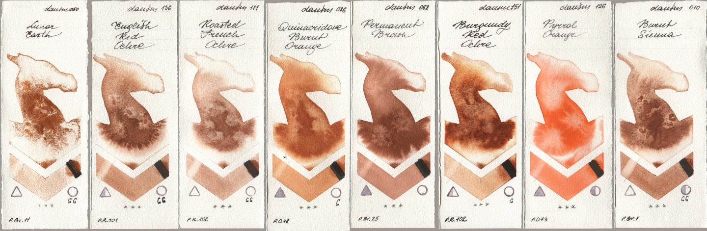 Daniel Smith 050 Lunar Earth, 136 English Red Ochre, 171 Roasted French Ochre, 086 Quinacridone Burnt Orange, 068 Permanent Brown, 151 Burgundy Red Ochre, 126 Pyrrol Orange, 010 Burnt Sien watercolor swatch