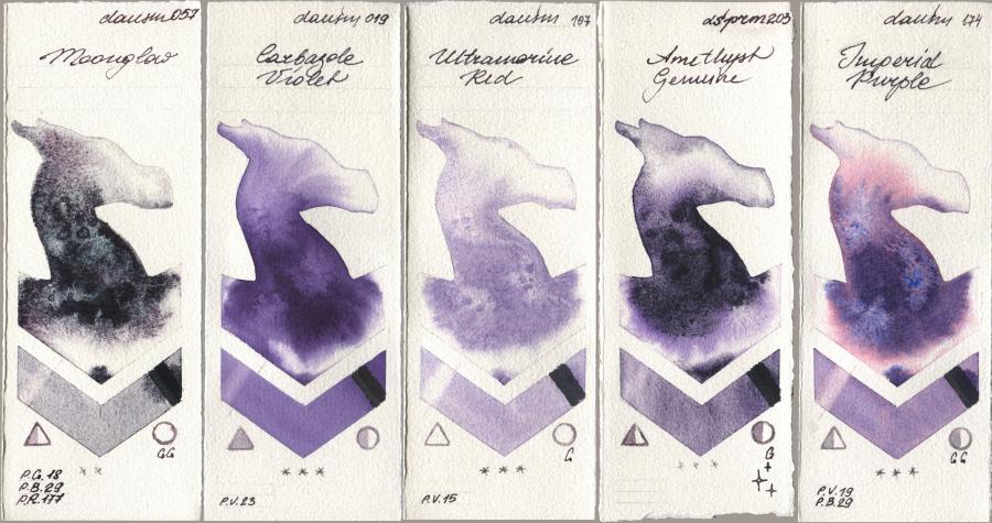 Daniel Smith 057 Moonglow, 019 Carbazole Violet, 107 Ultramarine Red, 203 Amethyst Genuine, 174 Imperial Purp watercolor swatch