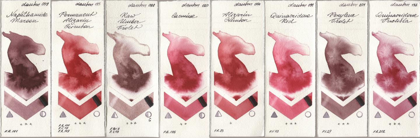 Daniel Smith 059 Naphthamide Maroon, 185 Permanent Alizarin Crimson, 098 Raw Umber Violet, 020 Carmine, 004 Alizarin Crimson, 091 Quinacridone Red, 201 Perylene Violet, 132 Quinacridone Fuchs watercolor swatch