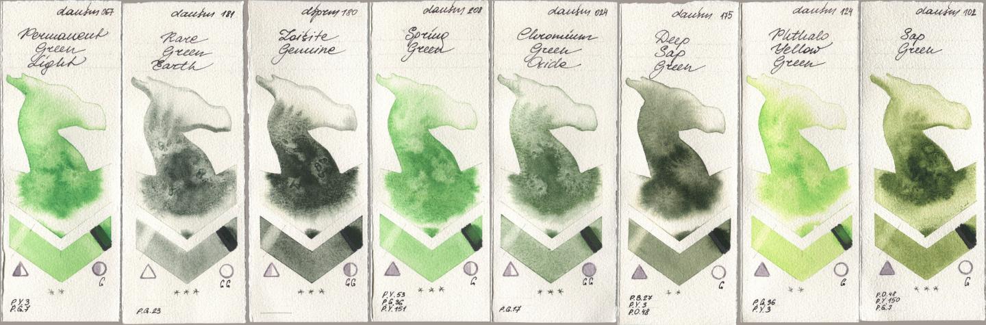 Daniel Smith 067 Permanent Green Light, 181 Rare Green Earth, 180 Zoisite Genuine, 208 Spring Green, 024 Chromium Green Oxide, 175 Deep Sap Green, 124 Phthalo Yellow Green, 102 Sap Gre watercolor swatch