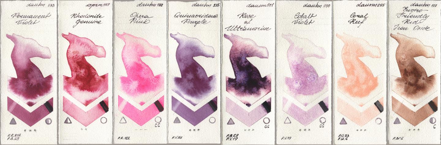 Daniel Smith 073 Permanent Violet, 167 Rhodonite Genuine, 198 Opera Pink, 225 Quinacridone Purple, 101 Rose of Ultramarine, 030 Cobalt Violet, 255 Coral Reef, 177 Enviro-Friendly Red Iron Oxi watercolor swatch