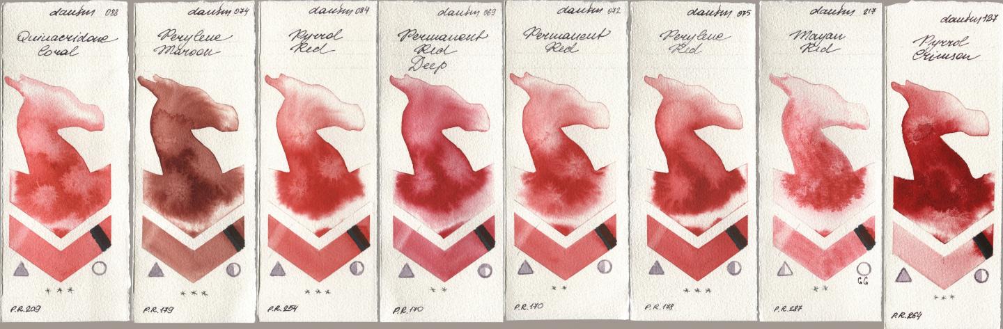Daniel Smith 088 Quinacridone Coral, 074 Perylene Maroon, 084 Pyrrol Red, 069 Permanent Red Deep, 072 Permanent Red, 075 Perylene Red, 217 Mayan Red, 127 Pyrrol Crims watercolor swatch