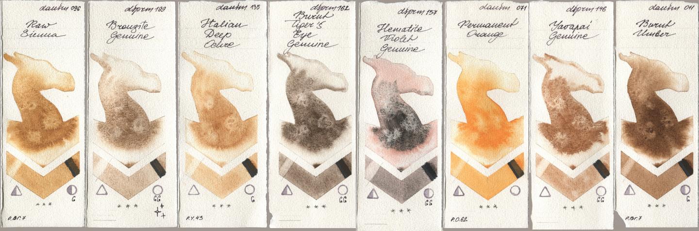 Daniel Smith 096 Raw Sienna, 199 Bronzite Genuine, 135 Italian Deep Ochre, 162 Burnt Tigers Eye Genuine, 157 Hematite Violet Genuine, 071 Permanent Orange, 146 Yavapai Genuine, 011 Burnt Umb watercolor swatch