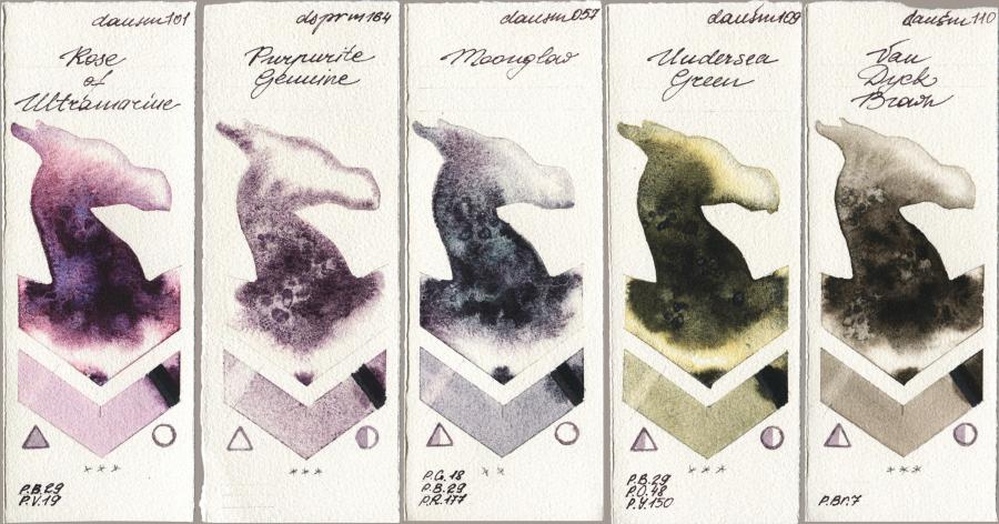 Daniel Smith 101 Rose of Ultramarine vs 164 Purpurite Genuine vs 057 Moonglow vs 109 Undersea Green vs 110 Van Dyck Brown watercolor swatch