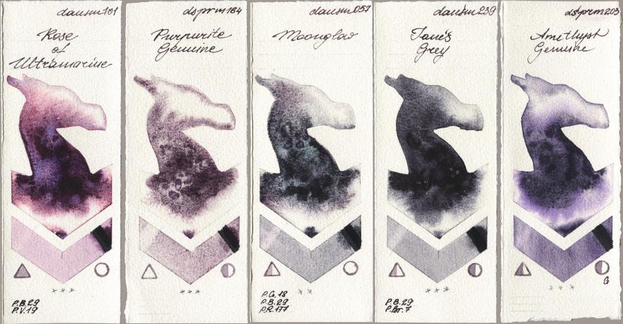 Daniel Smith 101 Rose of Ultramarine vs 164 Purpurite Genuine vs 057 Moonglow vs 239 Janes Grey vs 203 Amethyst Genuine watercolor swatch