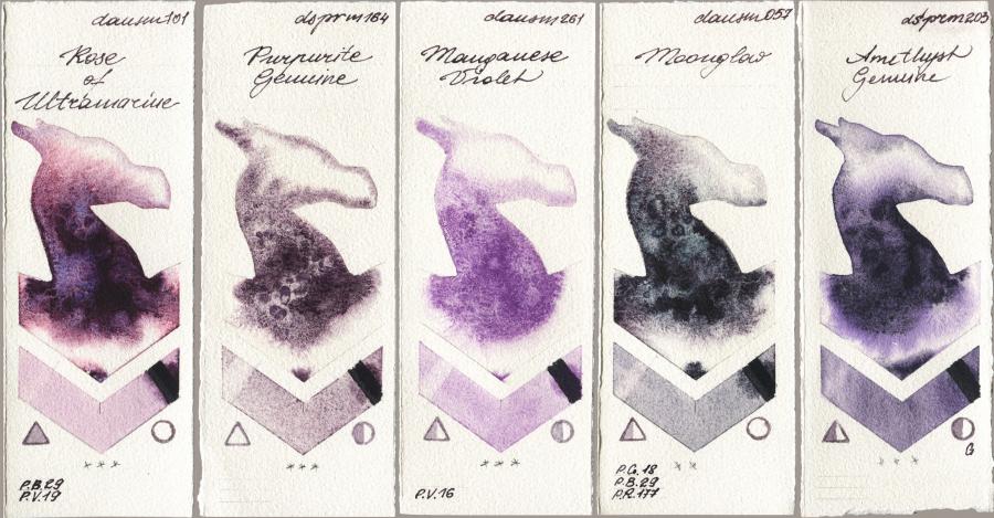Daniel Smith 101 Rose of Ultramarine vs 164 Purpurite Genuine vs 261 Manganese Violet vs 057 Moonglow vs 203 Amethyst Genuine watercolor swatch