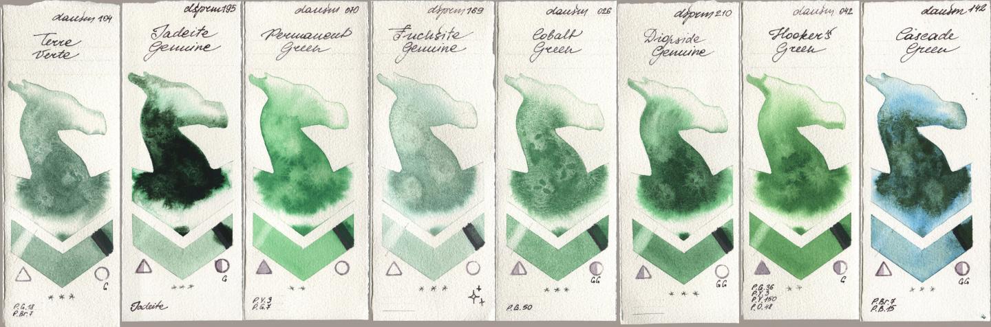 Daniel Smith 104 Terre Verte, 195 Jadeite Genuine, 070 Permanent Green, 169 Fuchsite Genuine, 026 Cobalt Green, 210 Diopside Genuine, 042 Hookers Green, 142 Cascade Gre watercolor swatch