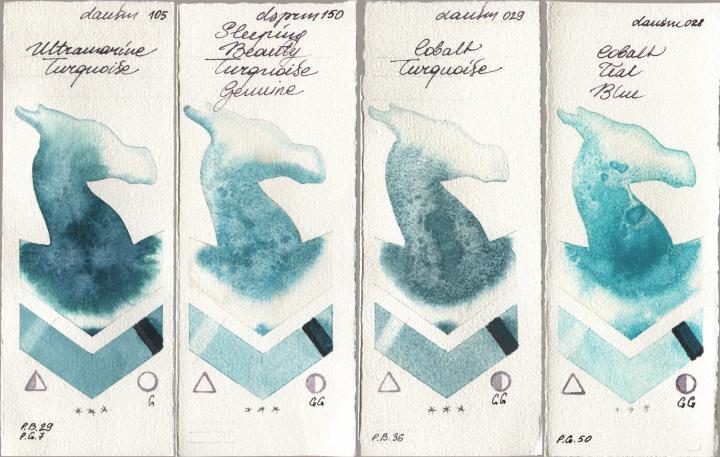 Daniel Smith 105 Ultramarine Turquoise, 150 Sleeping Beauty Turquoise Genuine, 029 Cobalt Turquoise, 028 Cobalt Teal Bl watercolor swatch