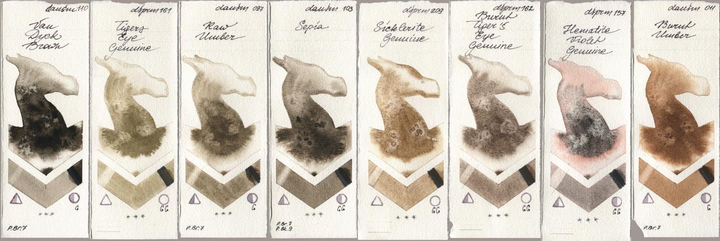 Daniel Smith 110 Van Dyck Brown, 161 Tigers Eye Genuine, 097 Raw Umber, 103 Sepia, 209 Sicklerite Genuine, 162 Burnt Tigers Eye Genuine, 157 Hematite Violet Genuine, 011 Burnt Umb watercolor swatch