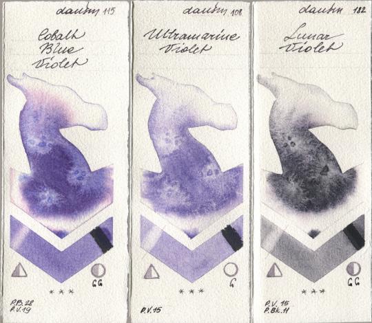 Daniel Smith 115 Cobalt Blue Violet, 108 Ultramarine Violet, 182 Lunar Viol watercolor swatch