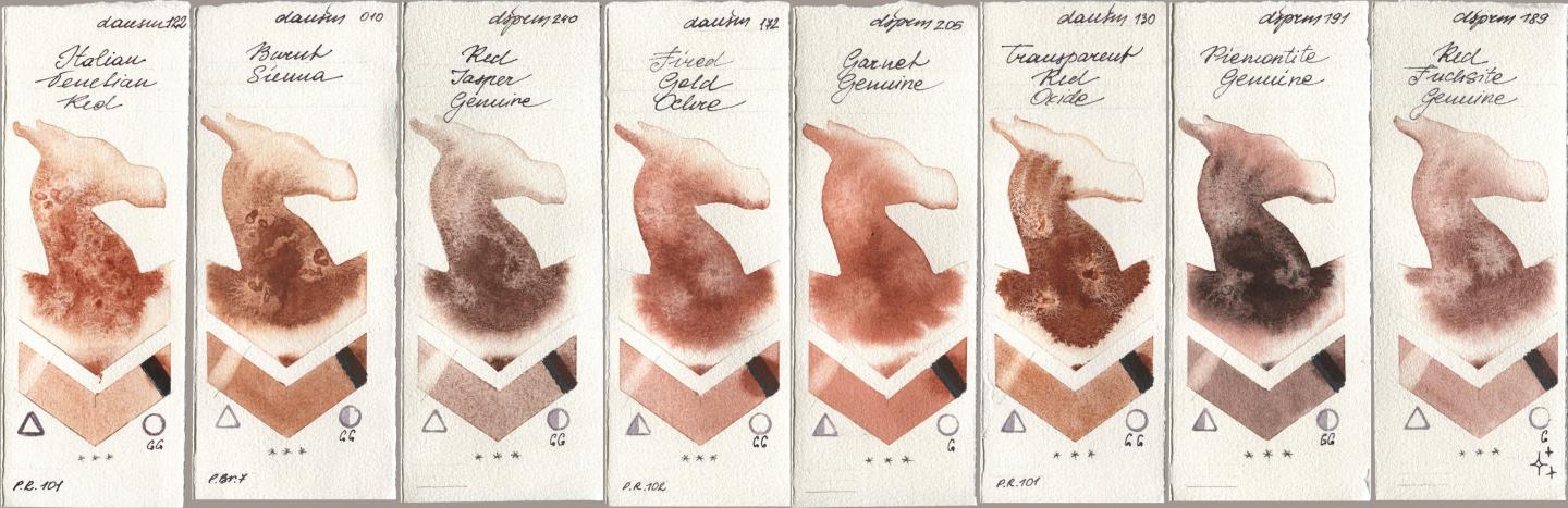 Daniel Smith 122 Italian Venetian Red, 010 Burnt Sienna, 240 Red Jasper Genuine, 172 Fired Gold Ochre, 205 Garnet Genuine, 130 Transparent Red Oxide, 191 Piemontite Genuine, 189 Red Fuchsite Genui watercolor swatch