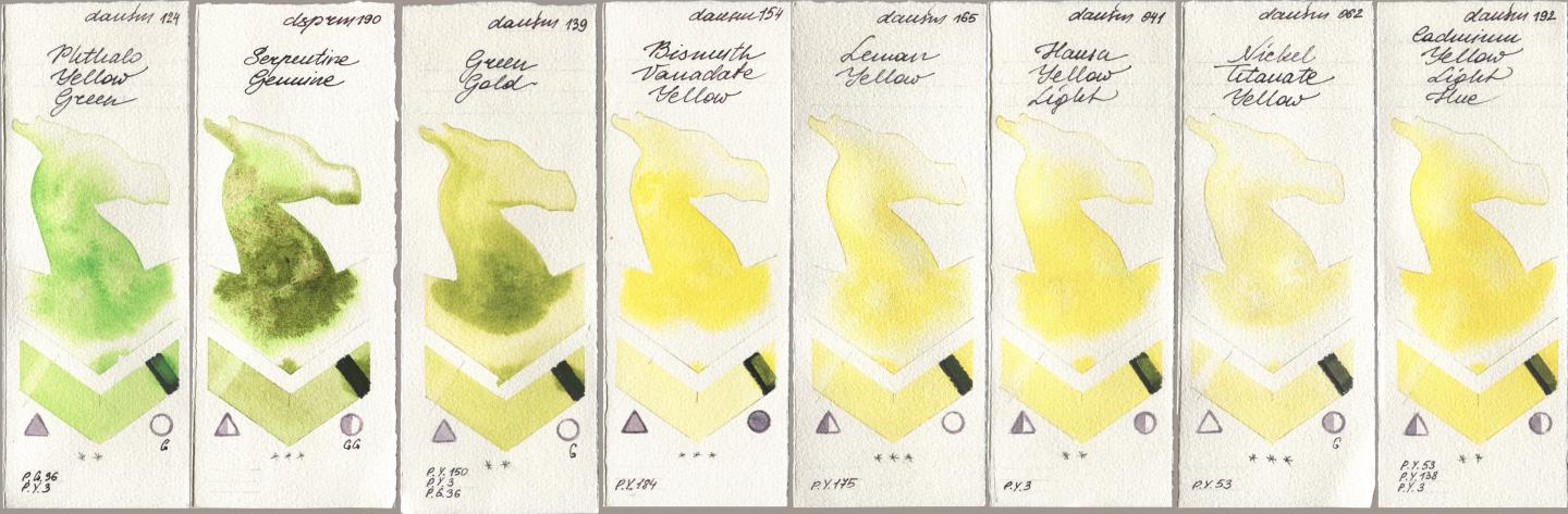 Daniel Smith 124 Phthalo Yellow Green, 190 Serpentine Genuine, 139 Green Gold, 154 Bismuth Vanadate Yellow, 165 Lemon Yellow, 041 Hansa Yellow Light, 062 Nickel Titanate Yellow, 192 Cadmium Yellow Light H watercolor swatch