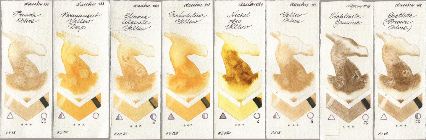 Daniel Smith 134 French Ochre, 133 Permanent Yellow Deep, 253 Chrome Titanate Yellow, 218 Isoindoline Yellow, 061 Nickel Azo Yellow, 114 Yellow Ochre, 209 Sicklerite Genuine, 144 Goethite (Brown Ochr watercolor swatch
