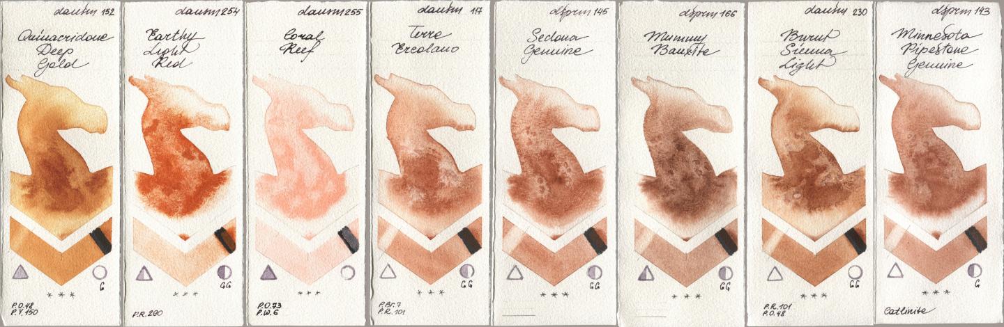 Daniel Smith 152 Quinacridone Deep Gold, 254 Earthy Light Red, 255 Coral Reef, 117 Terre Ercolano, 145 Sedona Genuine, 166 Mummy Bauxite, 230 Burnt Sienna Light, 143 Minnesota Pipestone Genui watercolor swatch