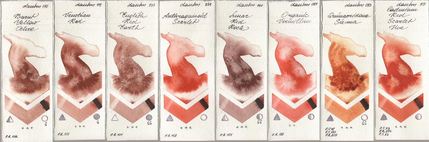 Daniel Smith 170 Burnt Yellow Ochre, 111 Venetian Red, 137 English Red Earth, 224 Anthraquinoid Scarlet, 141 Lunar Red Rock, 064 Organic Vermilion, 093 Quinacridone Sienna, 219 Cadmium Red Scarlet H watercolor swatch