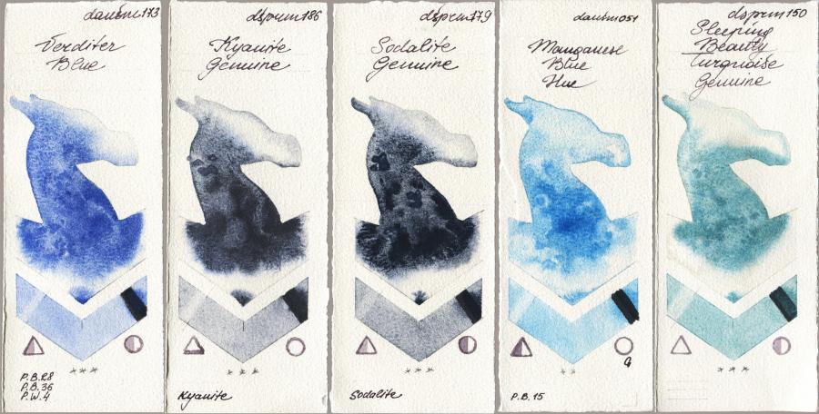 Daniel Smith 173 Verditer Blue vs 186 Kyanite Genuine vs 179 Sodalite Genuine vs 051 Manganese Blue Hue vs 150 Sleeping Beauty Turquoise Genuine watercolor swatch