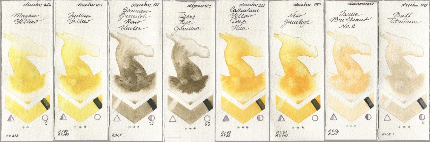 Daniel Smith 212 Mayan Yellow, 045 Indian Yellow, 121 German Greenish Raw Umber, 161 Tigers Eye Genuine, 221 Cadmium Yellow Deep Hue, 060 New Gamboge, 257 Jaune Brilliant No 2, 009 Buff Titani watercolor swatch