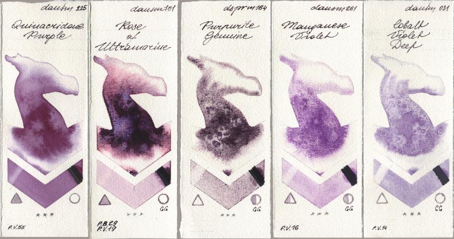 Daniel Smith 225 Quinacridone Purple, 101 Rose of Ultramarine, 164 Purpurite Genuine, 261 Manganese Violet, 031 Cobalt Violet De watercolor swatch