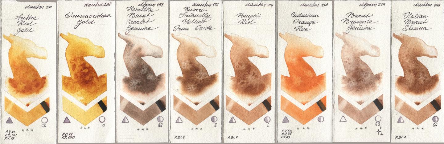 Daniel Smith 234 Aussie Red Gold, 238 Quinacridone Gold, 158 Hematite Burnt Scarlet Genuine, 176 Enviro-Friendly Yellow Iron Oxide, 116 Pompeii Red, 220 Cadmium Orange Hue, 204 Burnt Bronzite Genuine, 047 Italian Burnt Sien watercolor swatch