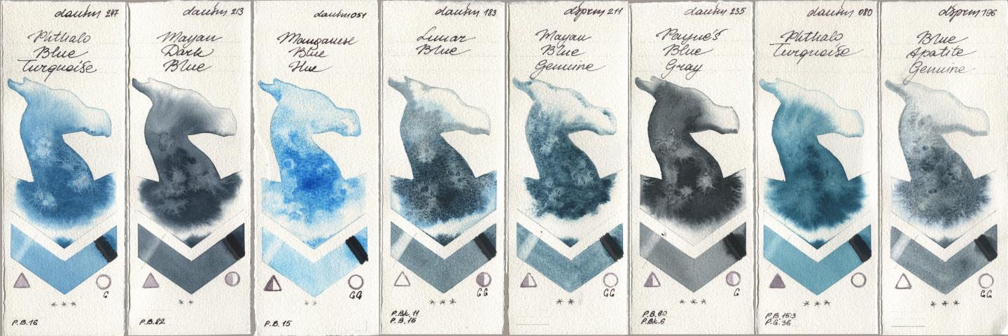 Daniel Smith 247 Phthalo Blue Turquoise, 213 Mayan Dark Blue, 051 Manganese Blue Hue, 183 Lunar Blue, 211 Mayan Blue Genuine, 235 Paynes Blue Gray, 080 Phthalo Turquoise, 196 Blue Apatite Genui watercolor swatch
