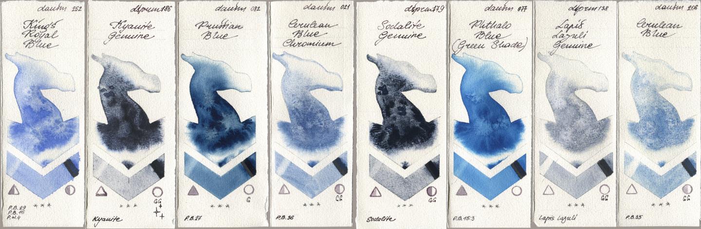Daniel Smith 252 King’s Royal Blue, 186 Kyanite Genuine, 082 Prussian Blue, 021 Cerulean Blue Chromium, 179 Sodalite Genuine, 077 Phthalo Blue (Green Shade), 138 Lapis Lazuli Genuine, 206 Cerulean Bl watercolor swatch