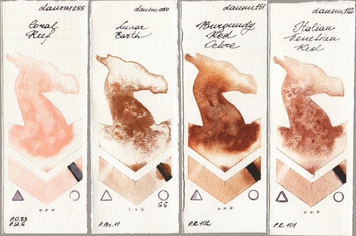 Daniel Smith 255 Coral Reef vs 050 Lunar Earth vs 151 Burgundy Red Ochre vs 122 Italian Venetian Red watercolor swatch
