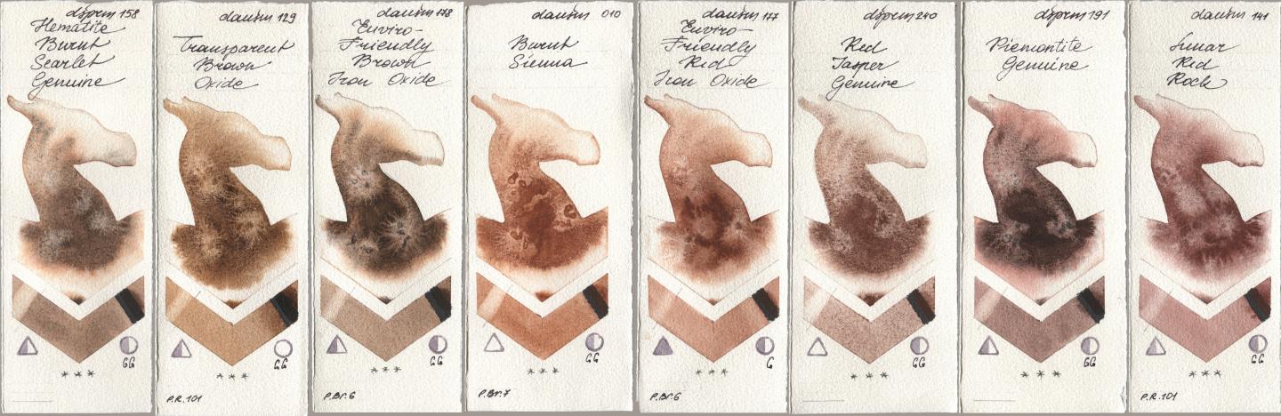 Daniel Smith 158 Hematite Burnt Scarlet Genuine, 129 Transparent Brown Oxide, 178 Enviro-Friendly Brown Iron Oxide, 010 Burnt Sienna, 177 Enviro-Friendly Red Iron Oxide, 240 Red Jasper Genuine, 191 Piemontite Genuine, 141 Lunar Red Ro watercolor swatch