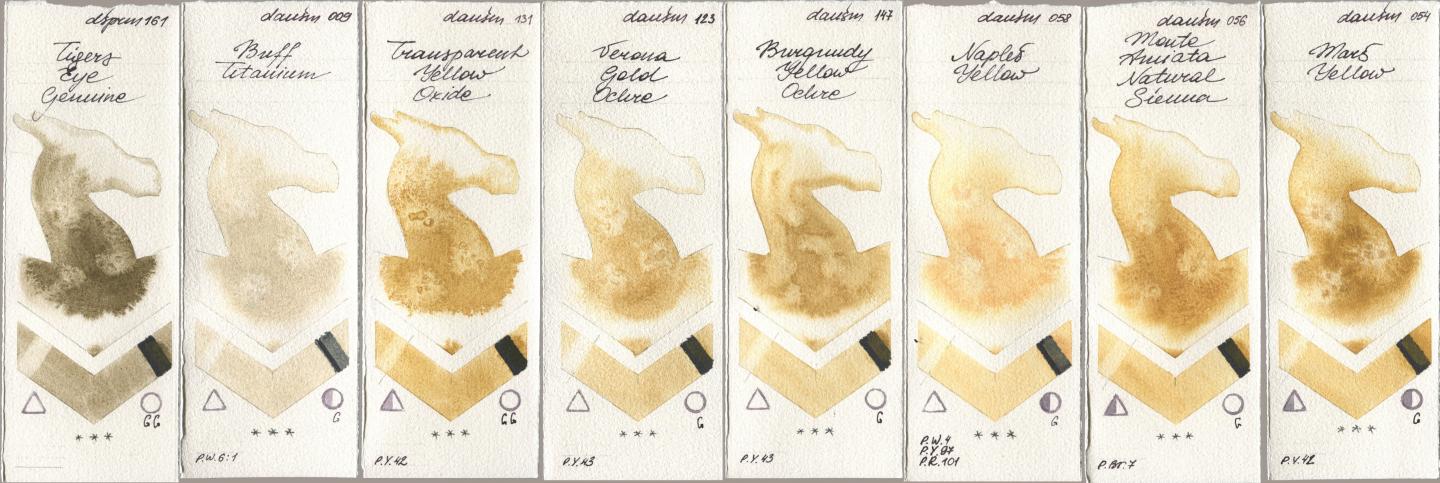 Daniel Smith 161 Tigers Eye Genuine, 009 Buff Titanium, 131 Transparent Yellow Oxide, 123 Verona Gold Ochre, 147 Burgundy Yellow Ochre, 058 Naples Yellow, 056 Monte Amiata Natural Sienna, 054 Mars Yell watercolor swatch