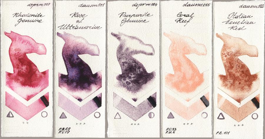 Daniel Smith 167 Rhodonite Genuine vs 101 Rose of Ultramarine vs 164 Purpurite Genuine vs 255 Coral Reef vs 122 Italian Venetian Red watercolor swatch