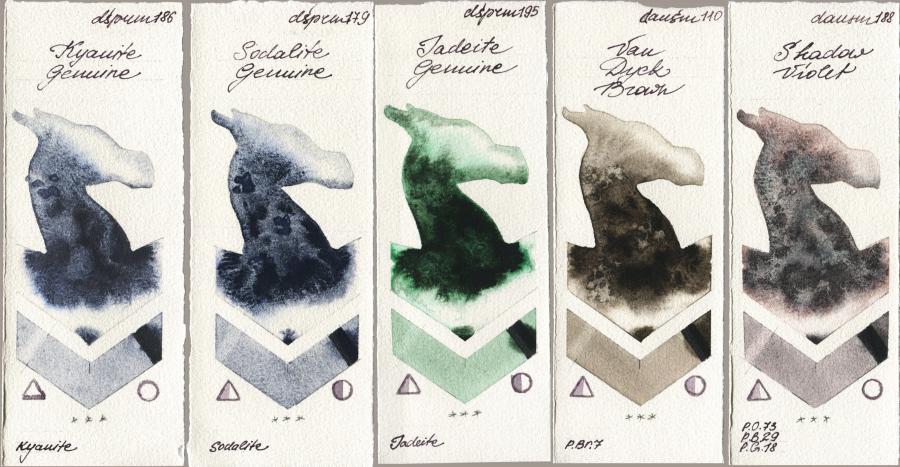 Daniel Smith 186 Kyanite Genuine vs 179 Sodalite Genuine vs 195 Jadeite Genuine vs 110 Van Dyck Brown vs 188 Shadow Violet watercolor swatch