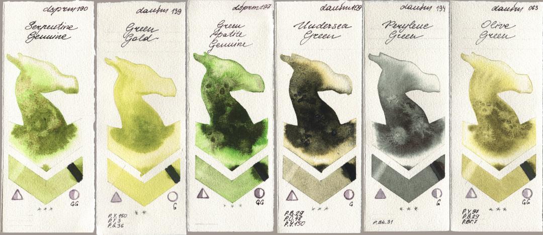 Daniel Smith 190 Serpentine Genuine, 139 Green Gold, 197 Green Apatite Genuine, 109 Undersea Green, 194 Perylene Green, 063 Olive Gre watercolor swatch