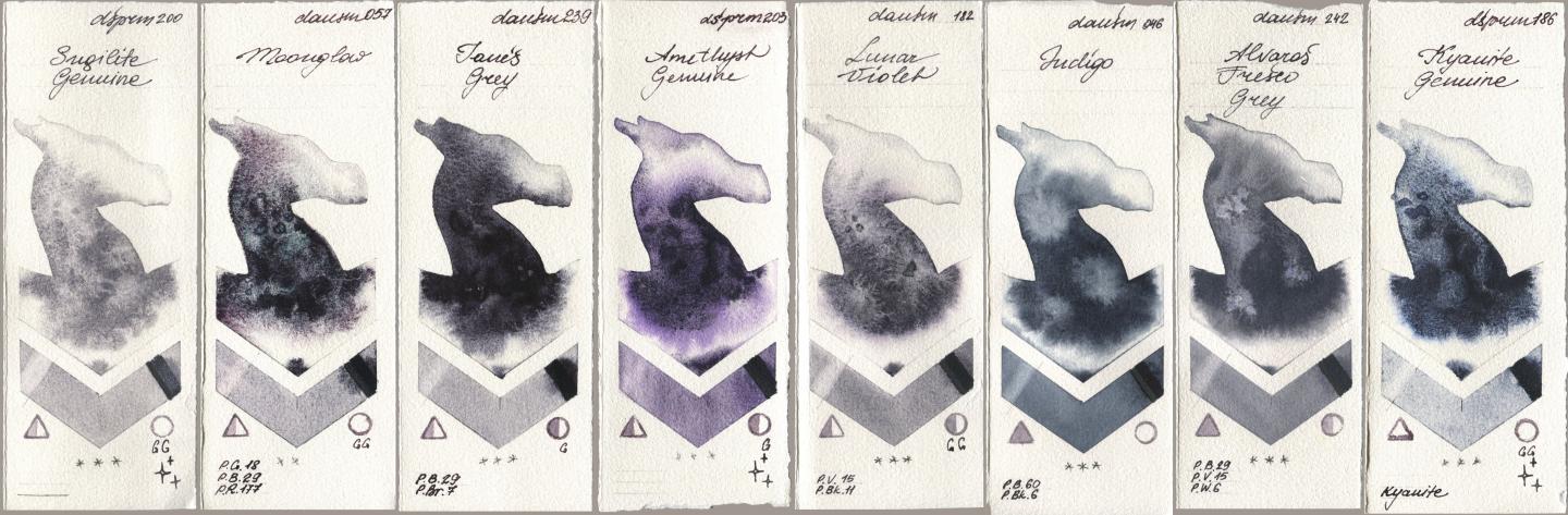 Daniel Smith 200 Sugilite Genuine, 057 Moonglow, 239 Janes Grey, 203 Amethyst Genuine, 182 Lunar Violet, 046 Indigo, 242 Alvaros Fresco Grey, 186 Kyanite Genui watercolor swatch