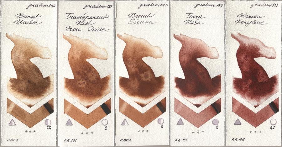 M. Graham & Co. Artists 030 Burnt Umber, 187 Transparent Red Iron Oxide, 020 Burnt Sienna, 179 Terra Rosa, 113 Maroon Peryle watercolor swatch