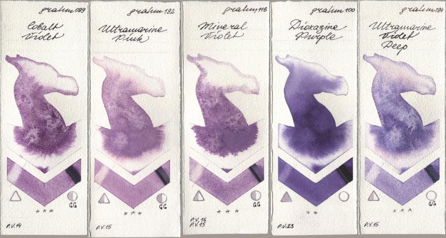 M. Graham & Co. Artists 099 Cobalt Violet, 192 Ultramarine Pink, 116 Mineral Violet, 100 Dioxazine Purple, 194 Ultramarine Violet De watercolor swatch