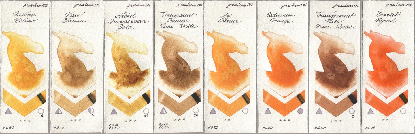 M. Graham & Co. Artists 109 Indian Yellow, 160 Raw Sienna, 124 Nickel Quinacridone Gold, 186 Transparent Orange Iron Oxide, 017 Azo Orange, 038 Cadmium Orange, 187 Transparent Red Iron Oxide, 176 Scarlet Pyrr watercolor swatch