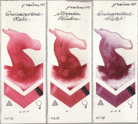 M. Graham & Co. Artists 156 Quinacridone Rose, 010 Alizarin Crimson, 158 Quinacridone Viol watercolor swatch