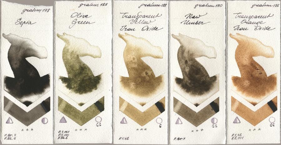 M. Graham & Co. Artists 178 Sepia, 125 Olive Green, 188 Transparent Yellow Iron Oxide, 170 Raw Umber, 186 Transparent Orange Iron Oxi watercolor swatch