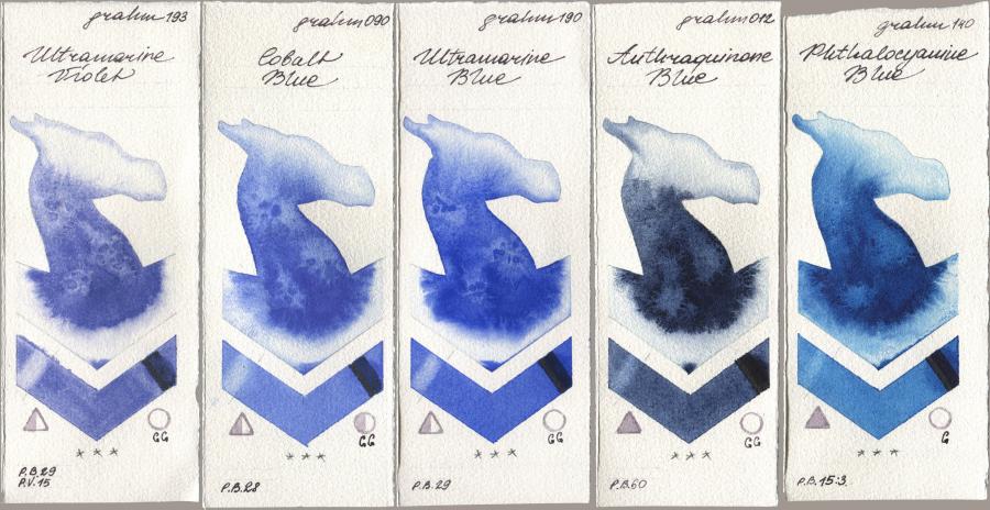 M. Graham & Co. Artists 193 Ultramarine Violet, 090 Cobalt Blue, 190 Ultramarine Blue, 012 Anthraquinone Blue, 140 Phthalocyanine Bl watercolor swatch