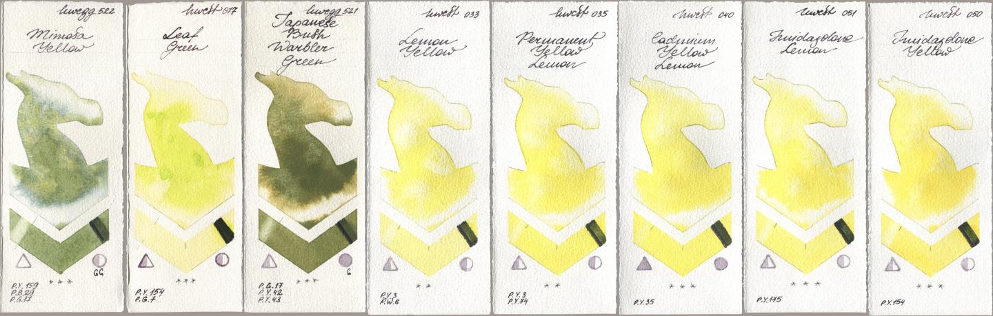 Holbein Artists Watercolor 522 Mimosa Yellow, 077 Leaf Green, 521 Japanese Bush Warbler Green, 033 Lemon Yellow, 035 Permanent Yellow Lemon, 040 Cadmium Yellow Lemon, 051 Imidazolone Lemon, 050 Imidazolone Yell watercolor swatch