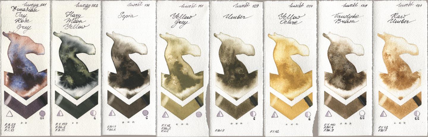 Holbein Artists Watercolor 561 Eurasian Jay Rose Grey, 562 Hazy Moon Yellow, 136 Sepia, 151 Yellow Grey, 129 Umber, 034 Yellow Ochre, 139 Vandyke Brown, 131 Raw Umb watercolor swatch