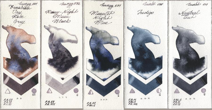 Holbein Artists Watercolor 561 Eurasian Jay Rose Grey, 572 Rainy-Night Moon Back, 571 Moonlit Night Blue, 098 Indigo, 157 Neutral Ti watercolor swatch