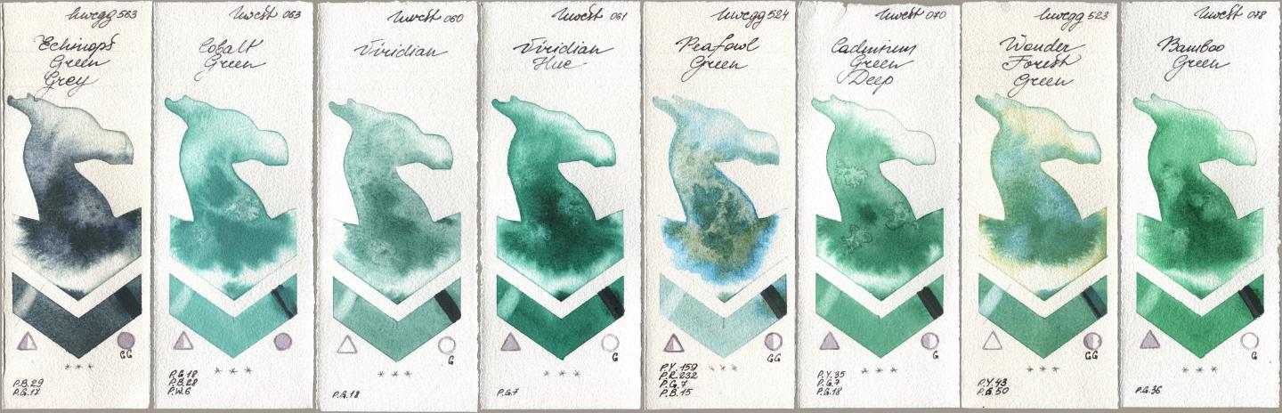 Holbein Artists Watercolor 563 Echinops Green Grey, 063 Cobalt Green, 060 Viridian, 061 Virdian Hue, 524 Peafowl Green, 070 Cadmium Green Deep, 523 Wonder Forest Green, 078 Bamboo Gre watercolor swatch