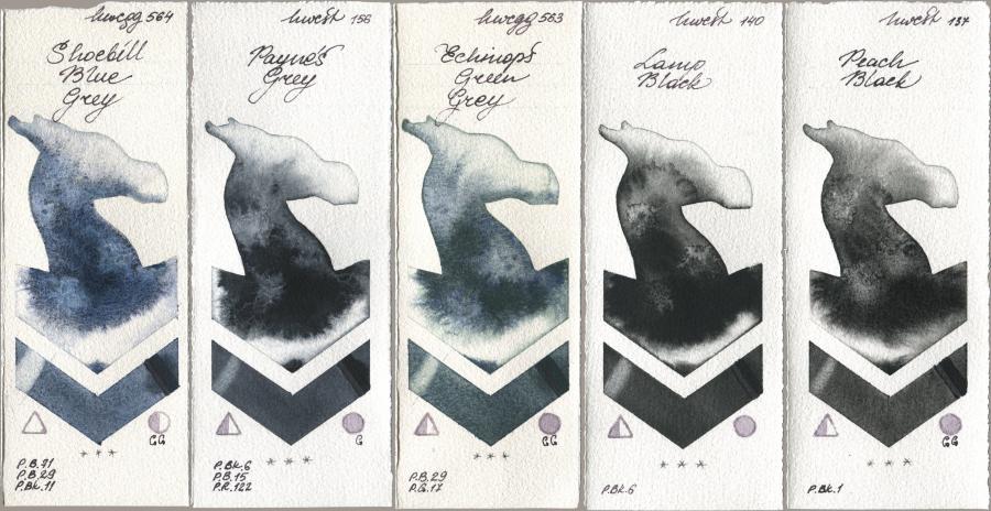 Holbein Artists Watercolor 564 Shoebill Blue Grey, 156 Paynes Grey, 563 Echinops Green Grey, 140 Lamp Black, 137 Peach Bla watercolor swatch