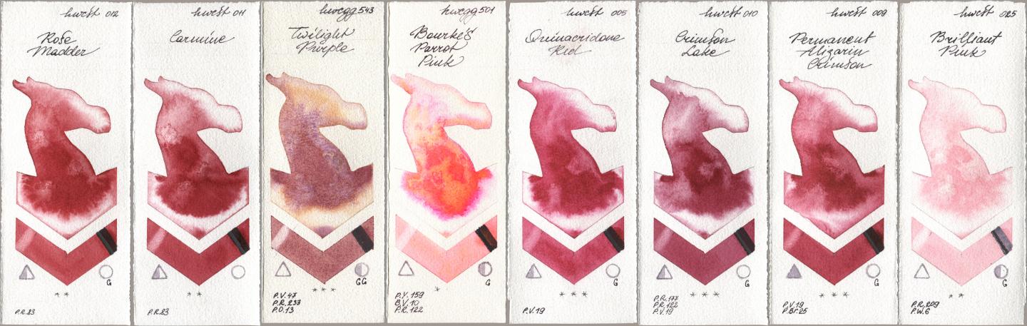 Holbein Artists Watercolor 012 Rose Madder, 011 Carmine, 543 Twilight Purple, 501 Bourkes Parrot Pink, 005 Quinacridone Red, 010 Crimson Lake, 009 Permanent Alizarin Crimson, 025 Brilliant Pi watercolor swatch