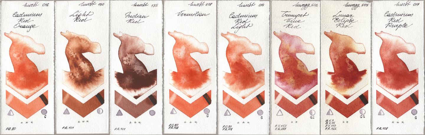 Holbein Artists Watercolor 016 Cadmium Red Orange, 130 Light Red, 135 Indian Red, 018 Vermilion, 014 Cadmium Red Light, 502 Trumpet Vine Red, 505 Lunar Eclipse Red, 017 Cadmium Red Purp watercolor swatch